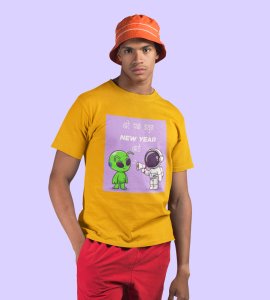 Run Away From Here Yellow New Year Printed T-shirt For Mens