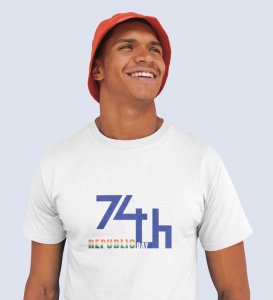 74th Republic Day, White Printed T-Shirts Round Neck for Men