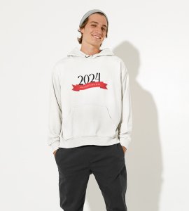 Greetings For New Year, White New Year Printed Hoodies For Mens