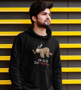 Sloth's New Year,  Black Graphic Printed Hoodies For Mens Boys