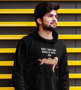 New Year Always Comes,  Black New Year Printed Hoodies For Mens