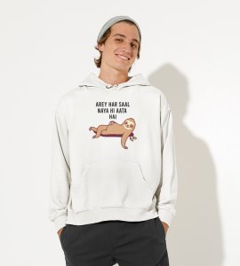 New Year Always Comes,  White New Year Printed Hoodies For Mens