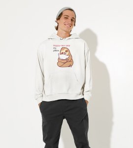 Pillow And New Year  White Graphic Printed Hoodies For Mens Boys