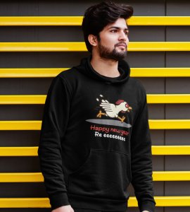 Chicken's New Year  Black Graphic Printed Hoodies For Mens Boys