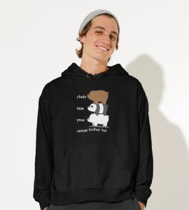 New Year Party,  Black Graphic Printed Hoodies For Mens Boys