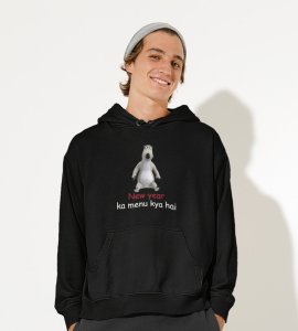 What's There For New Year, Black New Year Printed Hoodies For Mens