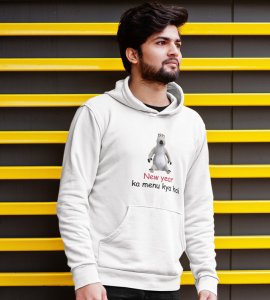 What's There For New Year, White New Year Printed Hoodies For Mens