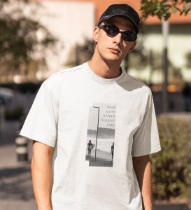 Real Talk Real Walk by White Urban Vibes: Front Printed Oversized Round Neck Tee - Men's Street Style
