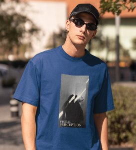 Visual Artistry, A Modern Maverick: Blue Men's Oversized Tee with Eye-Catching Front Print