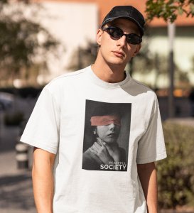 Pacifist Society, Urban Legend Series: White Men's Oversized Round Neck T-Shirt with Front Print
