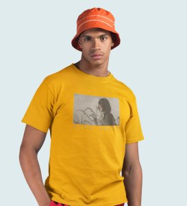 Mind Arena, Casual Couture: Yellow Front Printed Round Neck Tee - Men's Contemporary Style