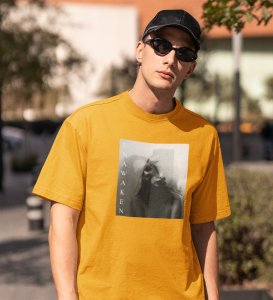 Mesmerized, Modern Maverick: Yellow Signature Front Graphic Oversized Tee for Men