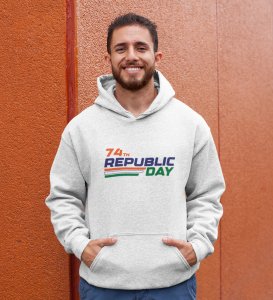 74th Proud Republic Day, White Printed Hoodies Round Neck for Men