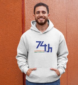 74th Republic Day, White Printed Hoodies Round Neck for Men