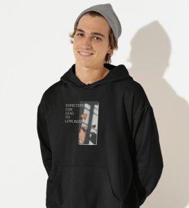 Expectation Hurts,Bold and Beyond:Black Front Printed Round Neck Hoodies - Men's Fashion Forward
