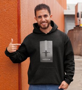 Unspoken Freedom, Dynamic Impressions:Black Men's Trendy Round Neck Hoodies with Front Print