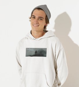 Taciturnity, Graphic Harmony:White Modern Front Printed Round Neck Hoodie for Men