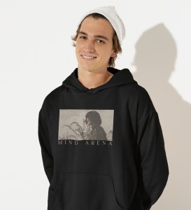 Mind Arena, Casual Couture:Black Front Printed Round Neck Hoodies - Men's Contemporary Style
