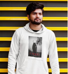 Agony Of Mind,(brand) White Street Vibe: Front Printed Round Neck Hoodie - Men's Urban Statement