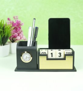 Wooden Desk Organizer Pen Stand & Table Calendar Clock And Phone Holder,Office Table Accessories