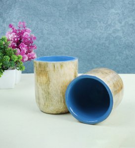 Wooden Glass Set Of 2, Most Unique Glasses For Kitchen Use. Blue Colour And Wooden Coating