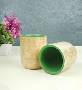 Wooden Glass Set Of 2, Most Unique Glasses For Kitchen Use. Green Colour And Wooden Coating
