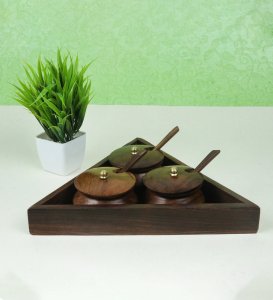 Handmade Wooden 3 Bowls Tray Set for Dining Table: for Pickles, Oils, Spices, Nuts or Mints.