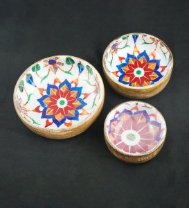Wooden Minakari Bowl Set Of 3, Mandala Minakari Bowls With Wooden Touch For Kitchen