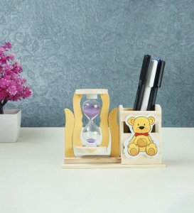 Teddy Wooden Pen Holder With Sand Hour Glass Working Clock, House Warming Gifts.