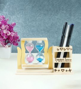 Wooden Twin Sand Hour Glass Timer Dual Pen Pencil Stand, Multi purpose Holder