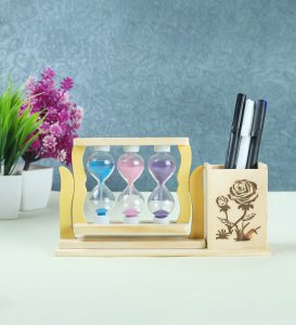 Multi-Colour Wooden Three Hourglass Timer Pen Stand/Pencil Stand for Office Decorative Showpiece