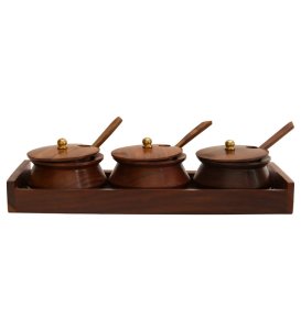 Handmade Wooden 3 Bowls Tray Set for Dining Table: for Pickles, Oils, Spices, Nuts or Mints.