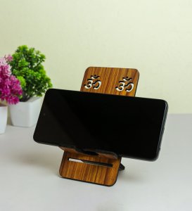 Wooden Handcrafted Swastik And Om Phone Holder, Best For Desk Use Set Of 1