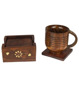 Best Wooden Handcrafted Square Coasters With Wooden Case, For Beverages On Table- Set Of 5
