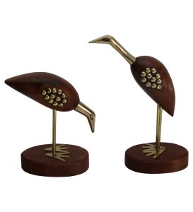 Handcrafted Wooden and Brass, Small Antique Decorative Crane Love Birds Showpiece Home Decor - Set of 2