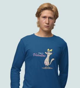 Cats Love Valentines: Attractive Printed (blue) Full Sleeve T-Shirt For Singles