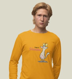 Cats Love Valentines: Attractive Printed (yellow) Full Sleeve T-Shirt For Singles