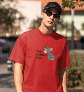 Tom Is Waiting For Soulmate: Printed (Red) T-Shirt For Singles