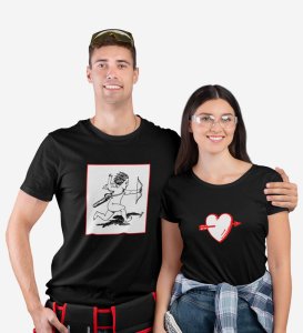 Cupid Hitting Arrow, Printed (Black) T-Shirts For Couples
