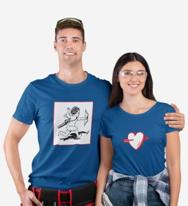 Cupid Hitting Arrow, Printed (blue) T-shirts For Couples