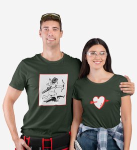 Cupid Hitting Arrow, Printed (green) T-shirts For Couples