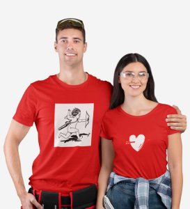 Cupid Hitting Arrow, Printed (Red) T-shirts For Couples