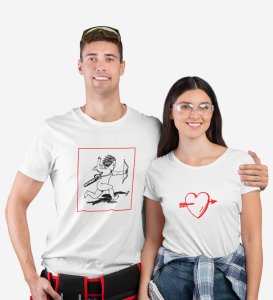 Cupid Hitting Arrow, Printed (White) T-shirts For Couples