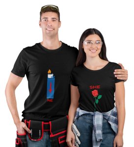 He Is Fire/She Is Rose Printed (Black) T-shirts For Couple