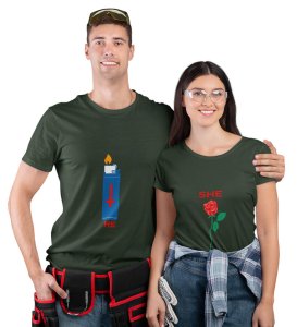 He Is Fire/She Is Rose Printed (green) T-shirts For Couple