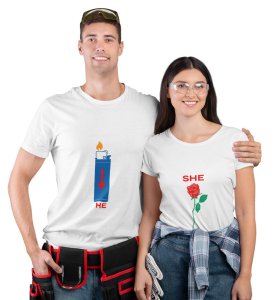He Is Fire/She Is Rose Printed (White) T-shirts For Couple