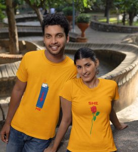 He Is Fire/She Is Rose Printed (Yellow) T-shirts For Couple