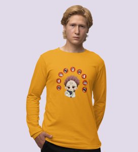 Nine Faced Itadori Cotton Yellow Printed Full Sleeves Tshirt For Mens and Boys