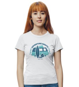 Adventure Awaits White Round Neck Cotton Half Sleeved Women's T-Shirt with Printed Graphics