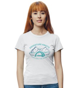 Explore The World White Round Neck Cotton Half Sleeved Women's T-Shirt with Printed Graphics